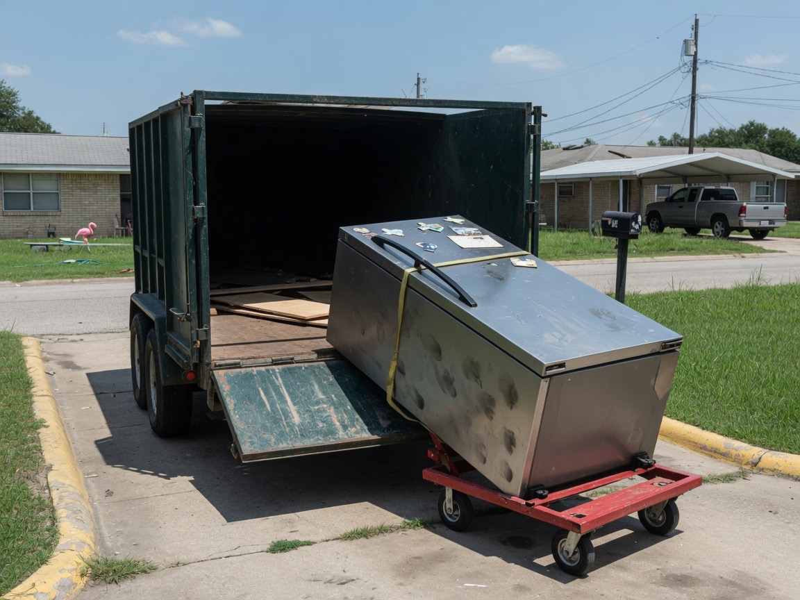 Refrigerator on a dolly at the back of a dump trailer during an appliance pickup