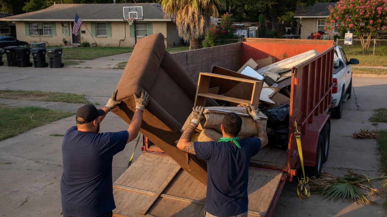 Two-person crew loading household furniture into a dump trailer on a residential street