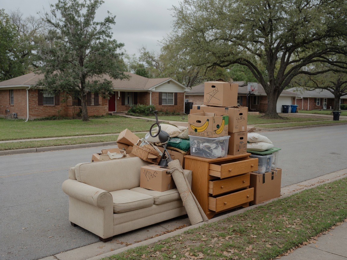 Household furniture and bedding piled at a suburban curb for mattress and junk pickup