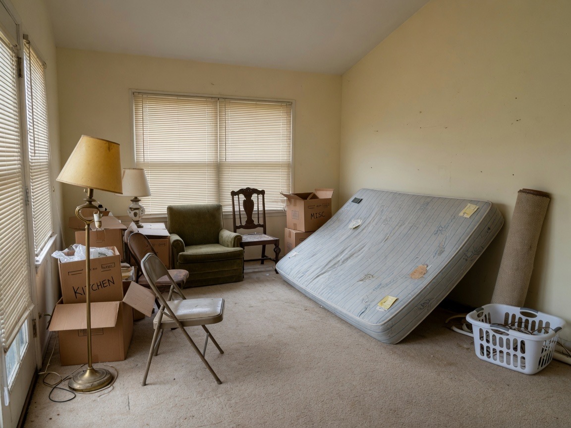 Bedroom leftover after an estate sale — mattress, chairs, and boxes waiting for haul-off