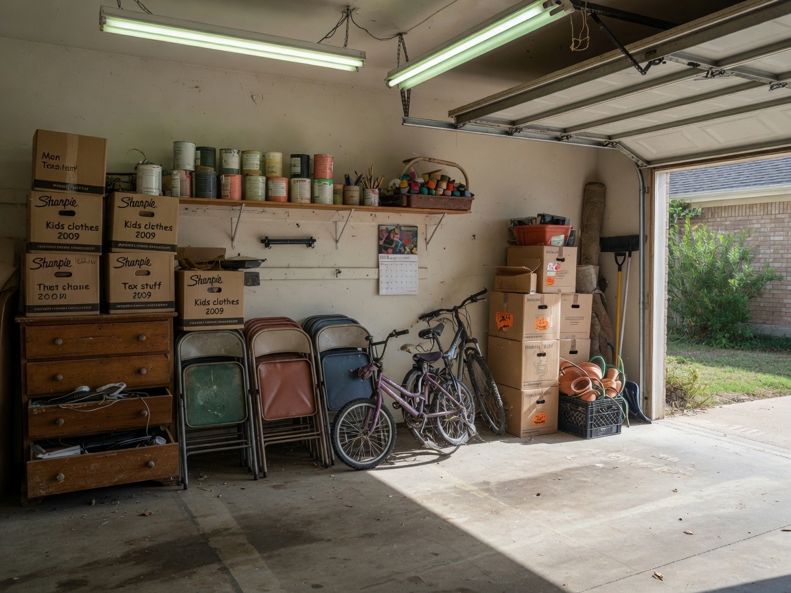 Packed two-car garage in a North Texas suburb, boxes and bikes where a car should be