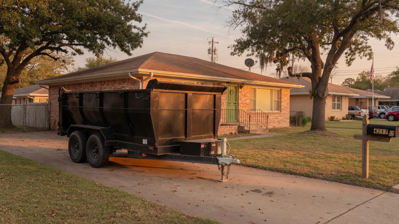 Fifteen-yard dump trailer used for light commercial junk hauling — not a 40-yard demo box
