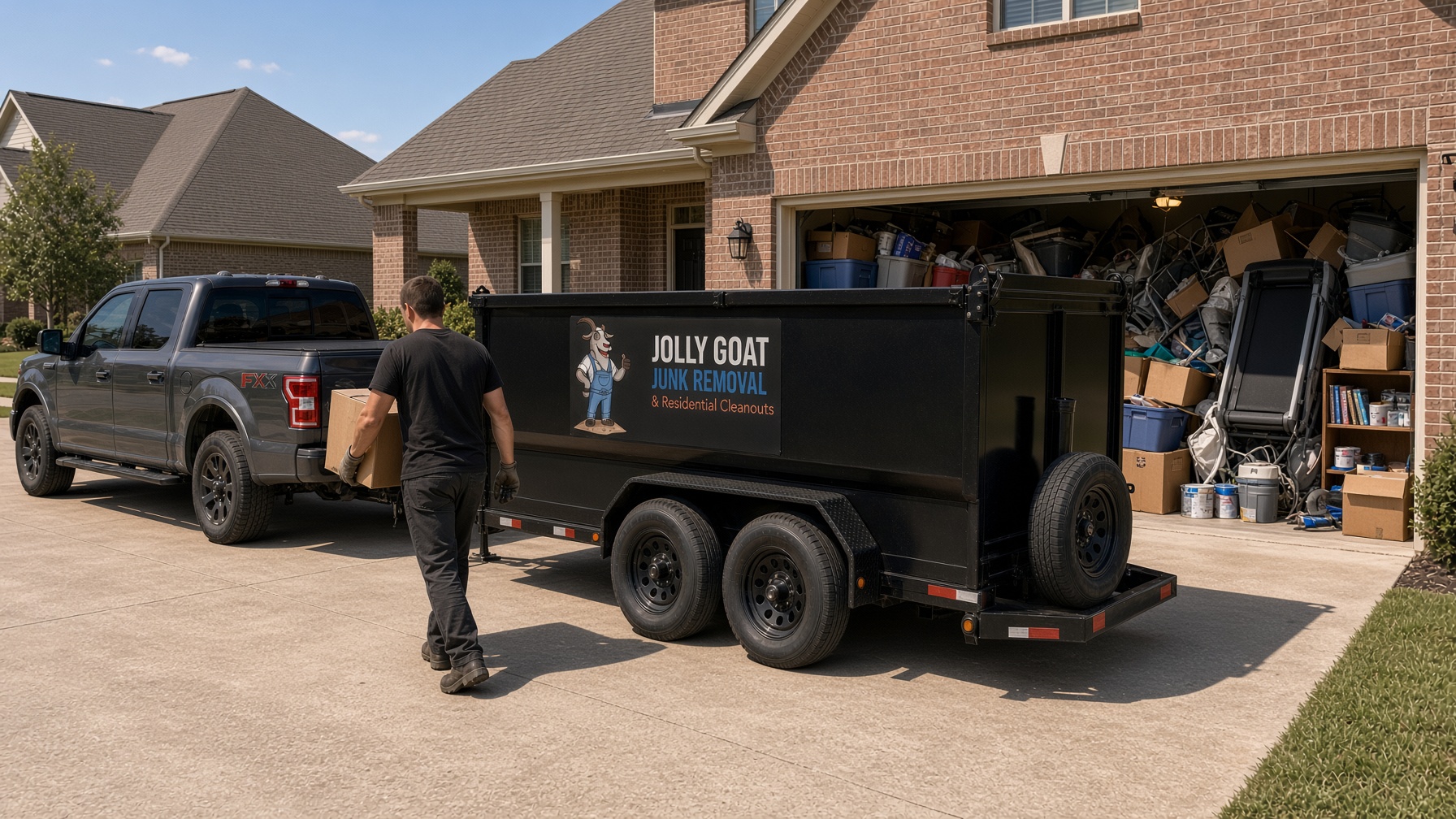 Garage cleanout with the trailer in the driveway